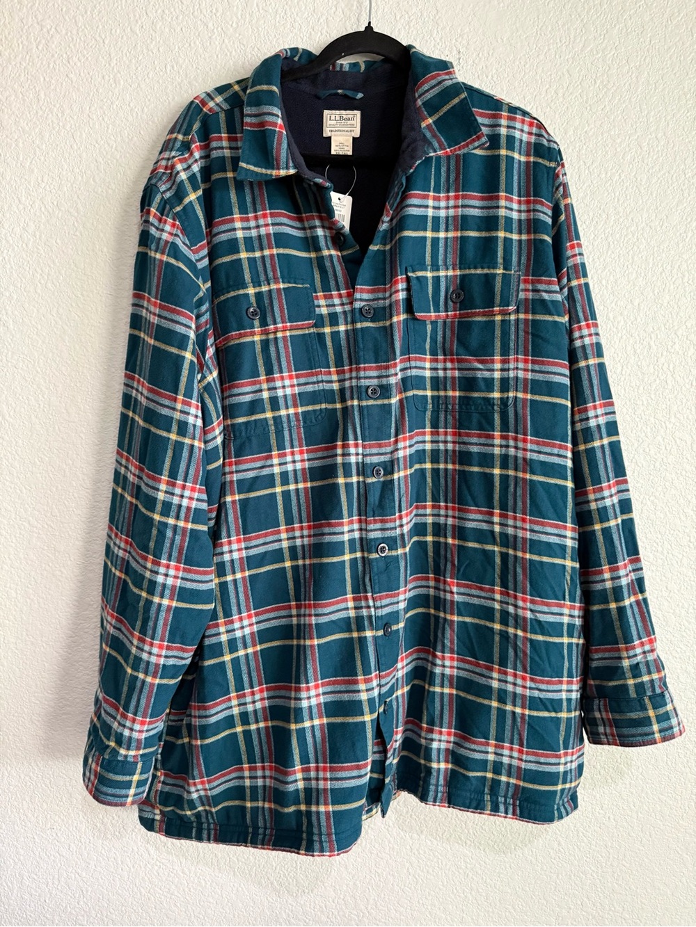 L.L. Bean Teal, Red and Cream Plaid Button-Front Shirt Jacket XXL tall